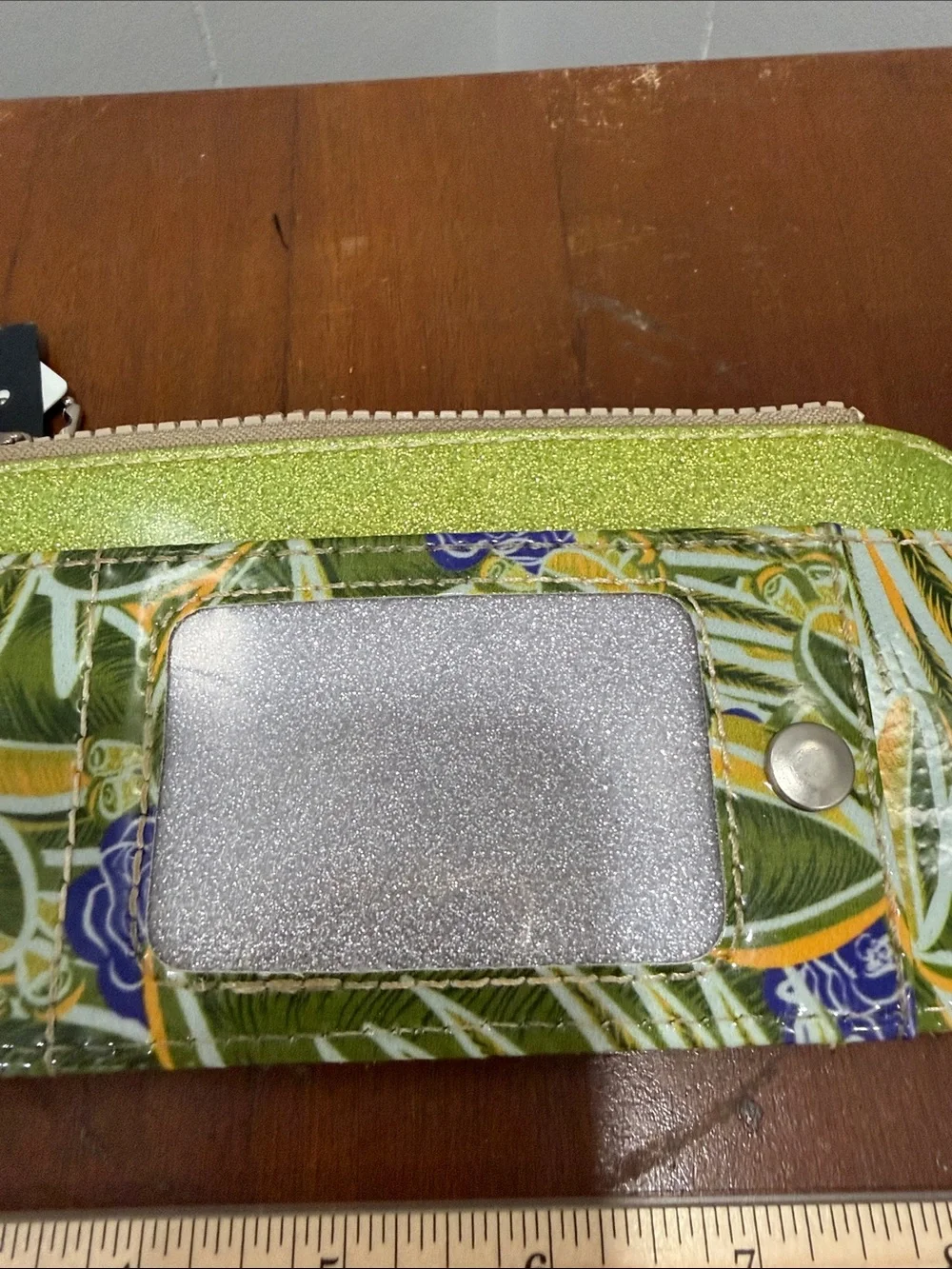 Consuela Green Floral Card Wallet with Blue Accents and Tan Strap